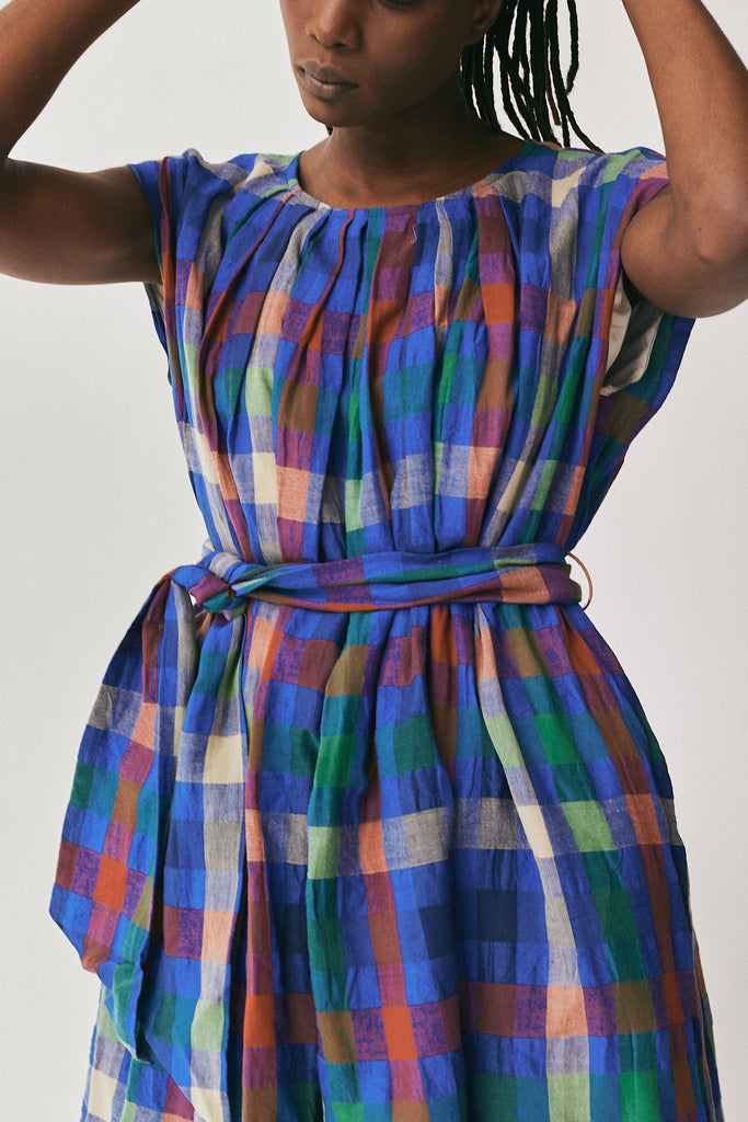 Amente Pleated Tie Knee Dress in Blue/Red Plaid at Parc Shop