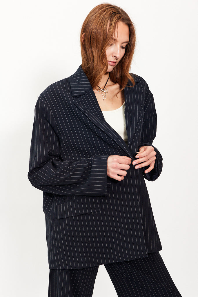 Oval Square Idris Blazer in Navy Pinstripe at Parc Shop