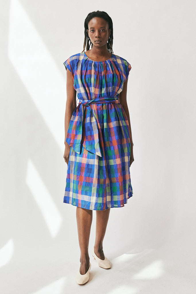 Amente Pleated Tie Knee Dress in Blue/Red Plaid at Parc Shop