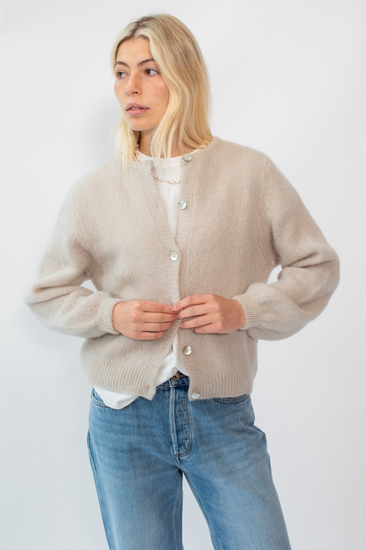 American Dreams Susan Alpaca Cardigan in Beige at Parc Shop