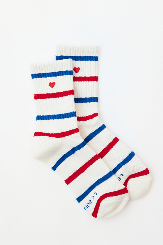 Le Bon Shoppe Embroidered Striped Boyfriend Socks in Red Blue + Heart at Parc Shop