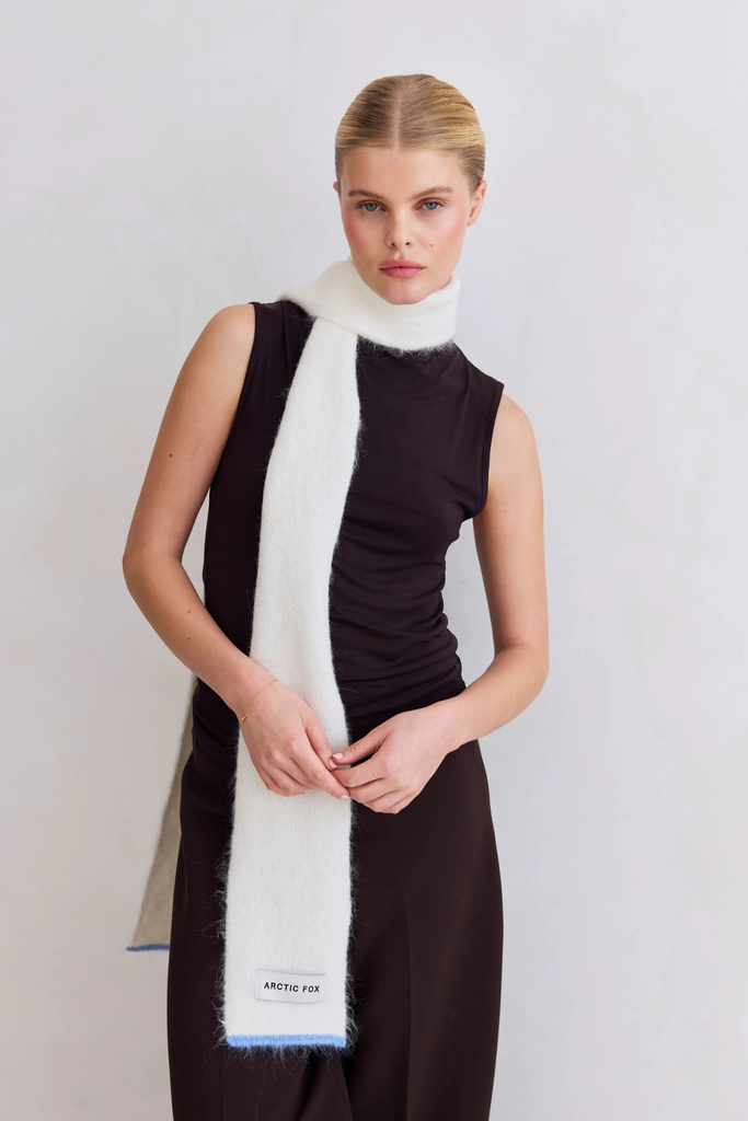 Arctic Fox Alpaca Skinny Scarf in Arctic White/Sky Blue at Parc Shop | Minneapolis, MN