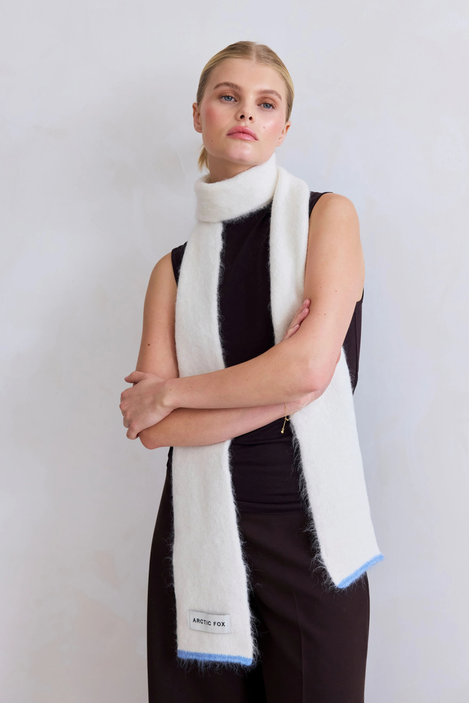 Arctic Fox Alpaca Skinny Scarf in Arctic White/Sky Blue at Parc Shop | Minneapolis, MN