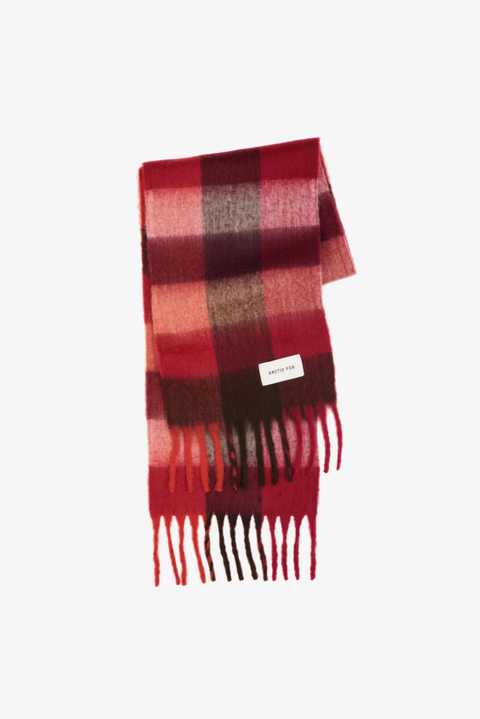 Red and brown plaid scarf with fringes on a white background