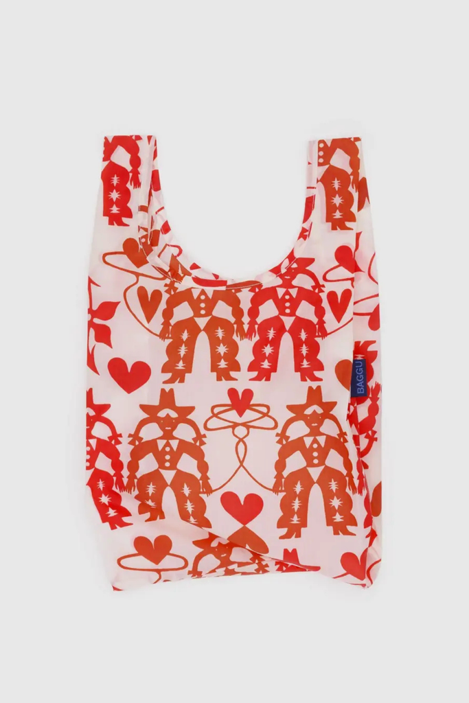 Reusable shopping bag with red pattern on a white background