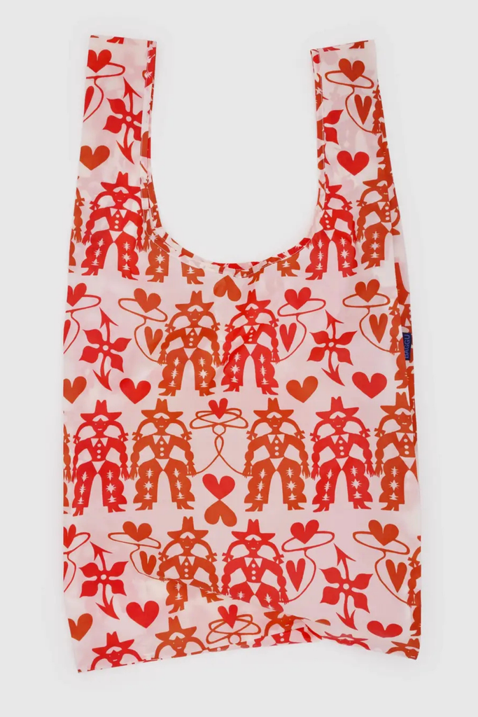 Reusable bag with red floral and heart pattern on a white background