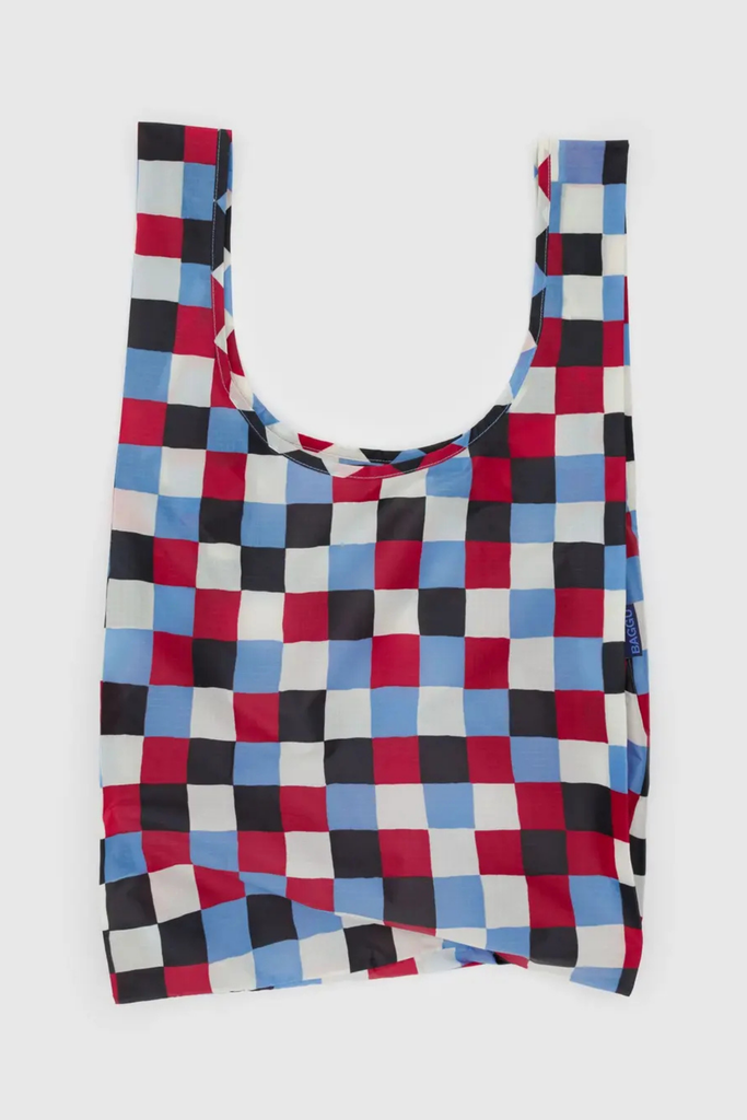 Checkered reusable bag with red, blue, and black pattern on a white background