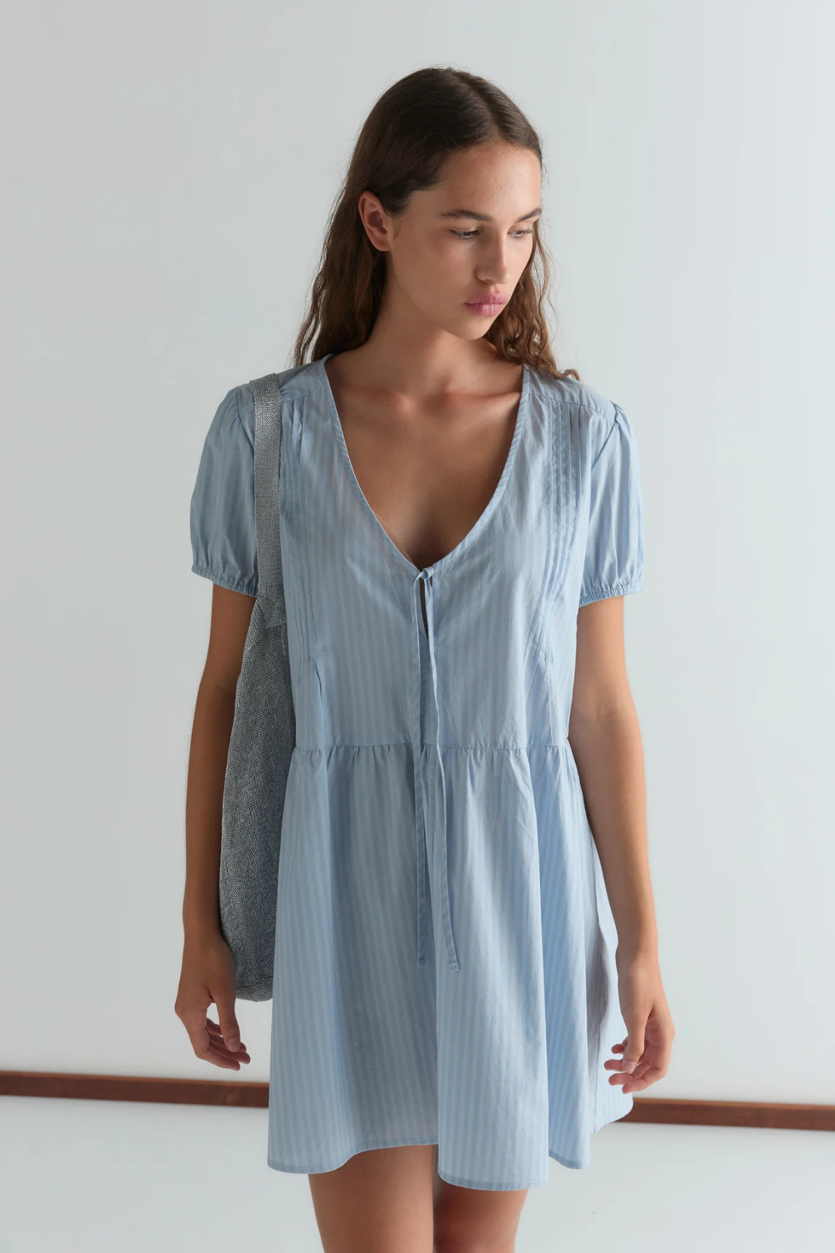 deiji studios mini dress Capped Sleeve Dress in Khaki Check