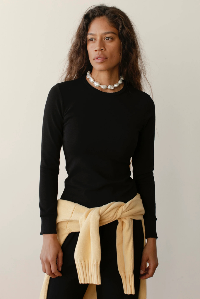 Donni Baby Rib Scallop Long Sleeve in Jet Black at Parc Shop