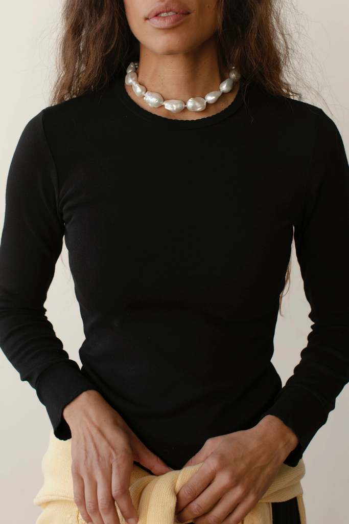 Donni Baby Rib Scallop Long Sleeve in Jet Black at Parc Shop