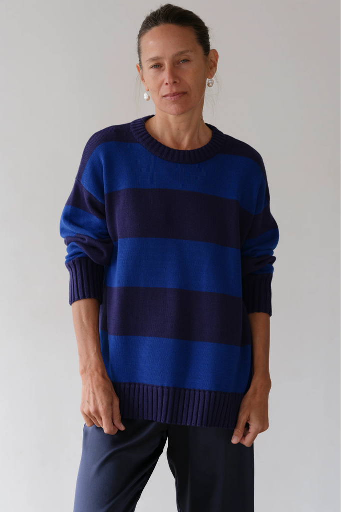 Donni Cotton Knit Stripe Crewneck Sweater in Navy/Azure at Parc Shop | Minneapolis, MN