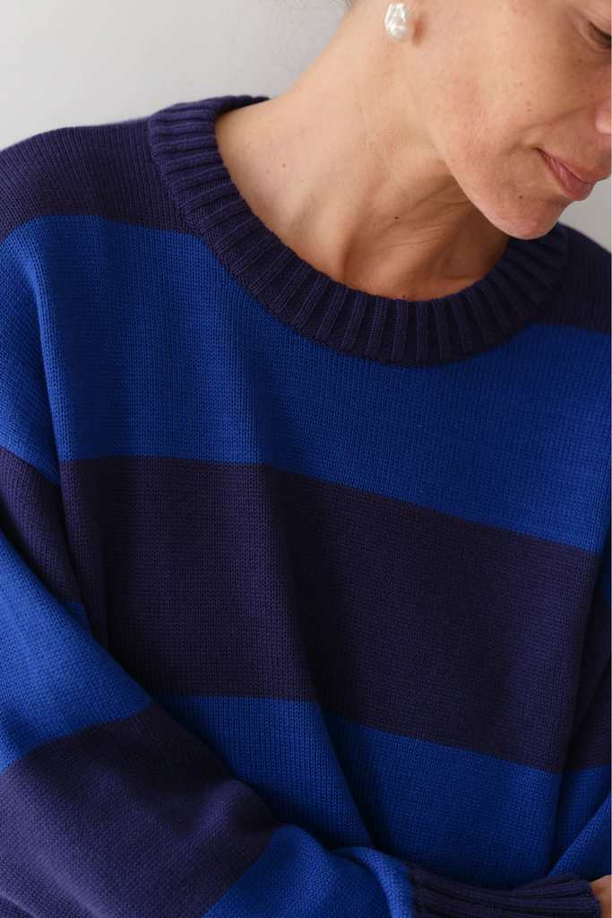 Donni Cotton Knit Stripe Crewneck Sweater in Navy/Azure at Parc Shop | Minneapolis, MN