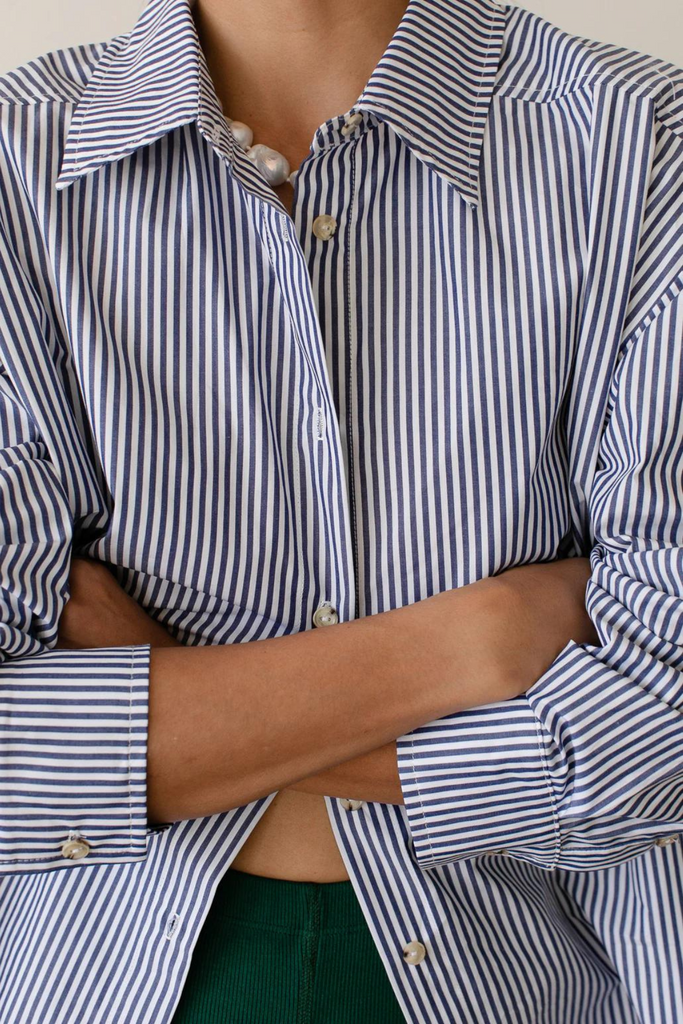 Donni Pop Button Down in Navy Stripe at Parc Shop