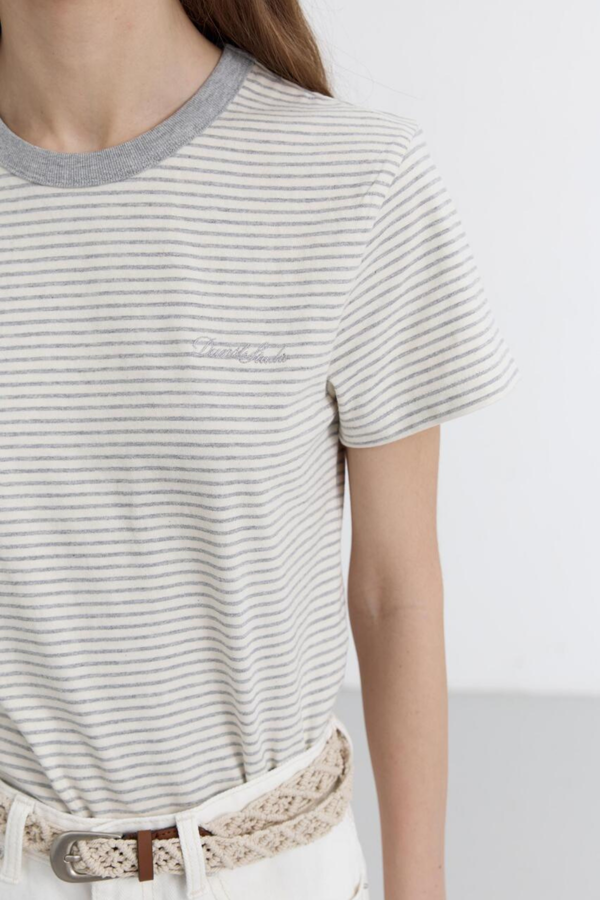 ★Dunst★ ESSENTIAL STRIPE LOGO TSHIRT CREAM GREY STRIPE_UDT Dunst Essential Stripe Logo T-Shirt in Cream/Grey Stipe at
