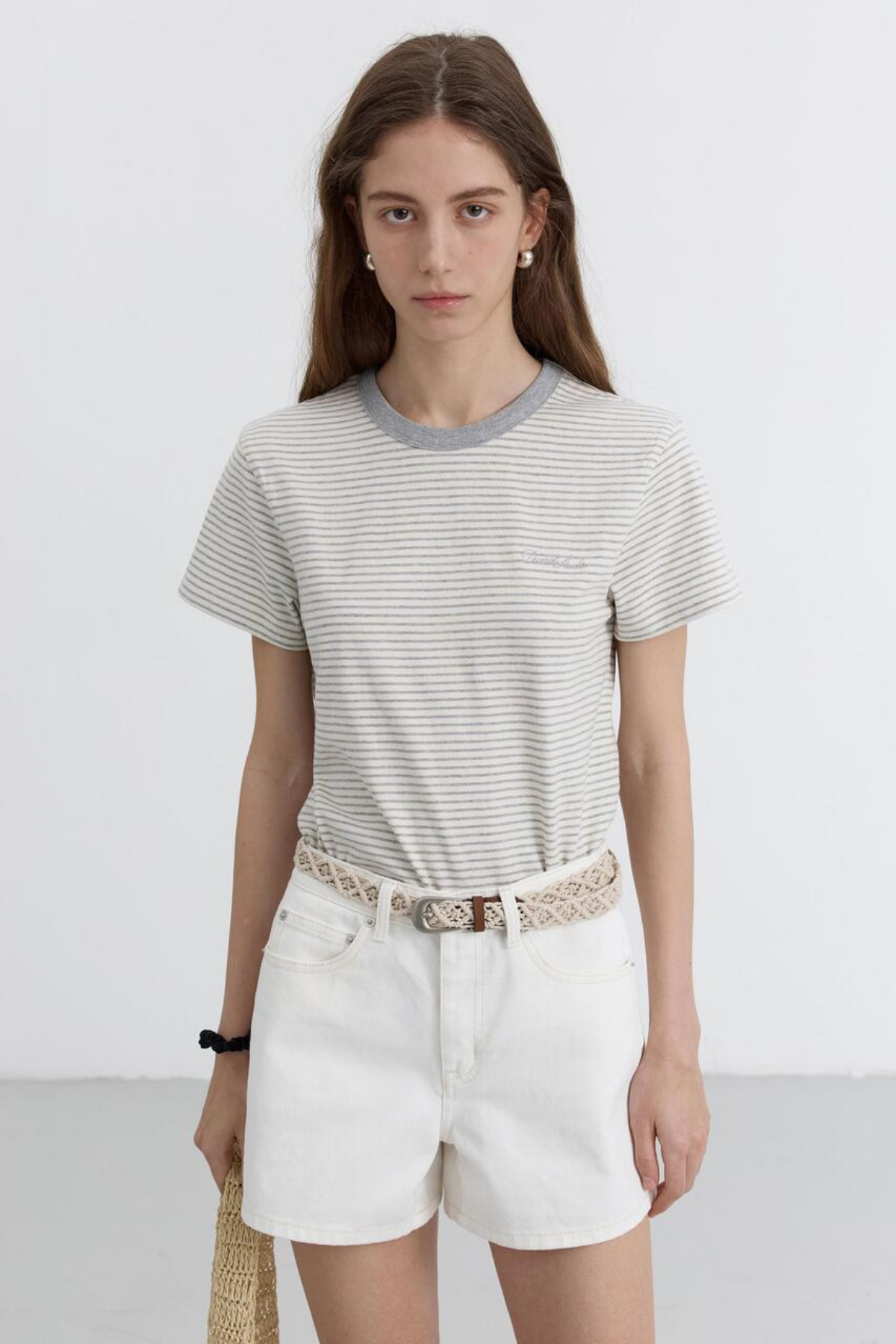 ★Dunst★ ESSENTIAL STRIPE LOGO TSHIRT CREAM GREY STRIPE_UDT Dunst Essential Stripe Logo T-Shirt in Cream/Grey Stipe at