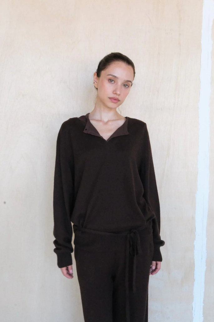 Geel Kiarra V-Neck Sweater with Belt in Espresso Brown at Parc Shop