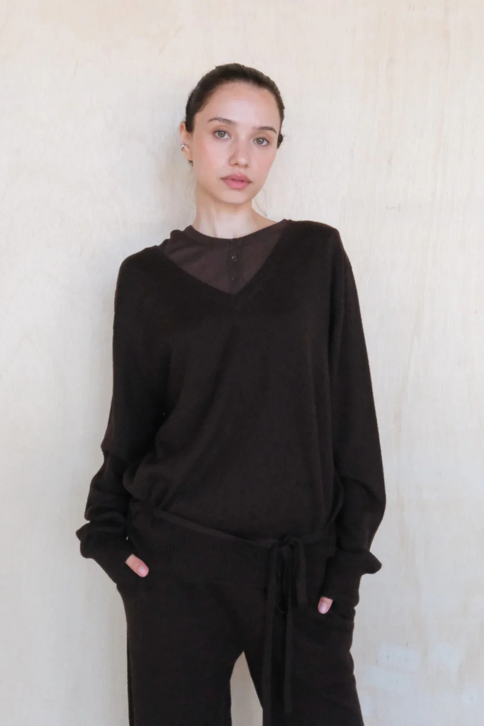 Geel Kiarra V-Neck Sweater with Belt in Espresso Brown at Parc Shop