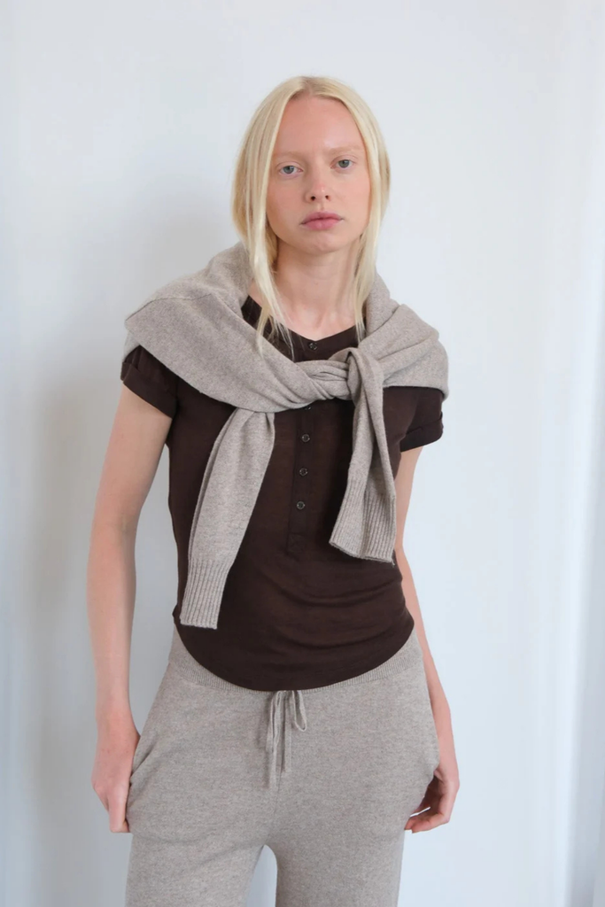 Geel Madeleine Henley Shirt with buttons in Espresso Brown at Parc Shop 