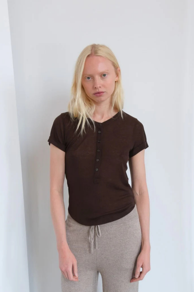 Geel Madeleine Henley Shirt with buttons in Espresso Brown at Parc Shop 