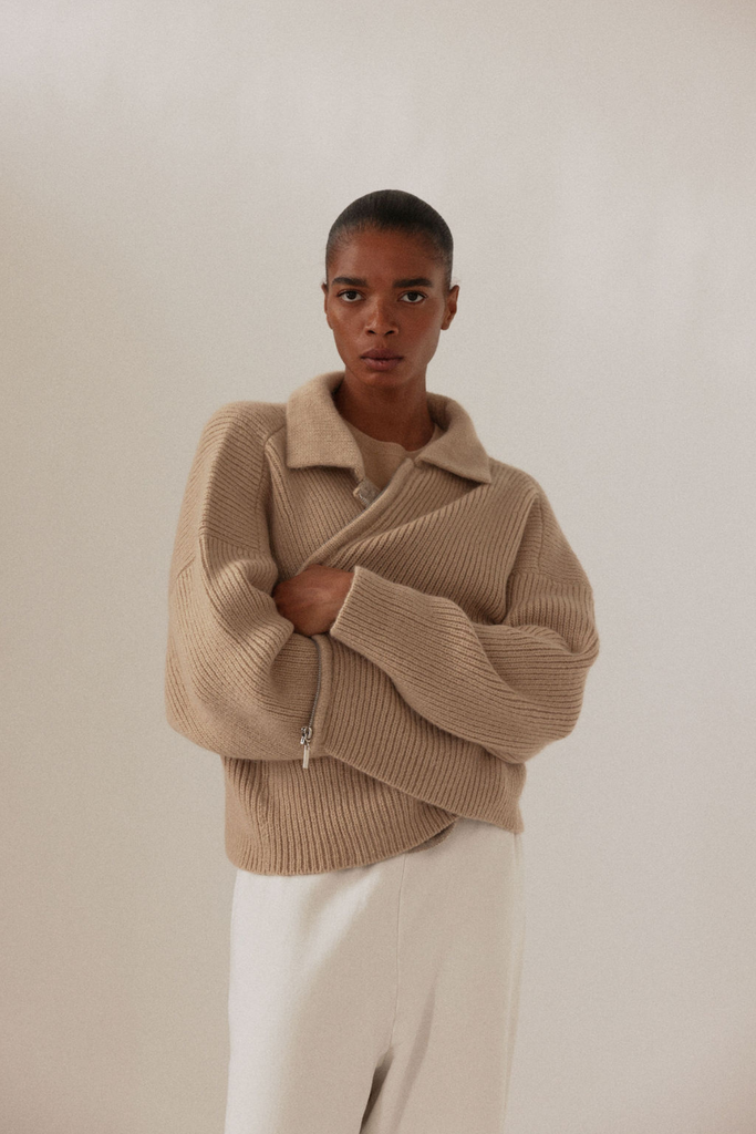 James Street Co. Reid Zip Cardigan Sweater in cashew at Parc Shop