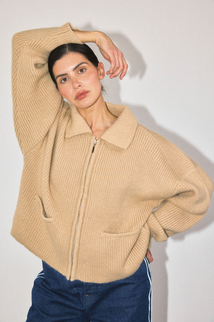 James Street Co. Reid Zip Cardigan Sweater in cashew at Parc Shop