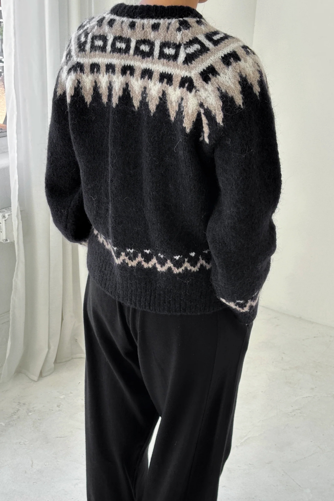 Le Bon Shoppe Alpaca Cabin Fair Isle Sweater Cardigan in Black at Parc Shop