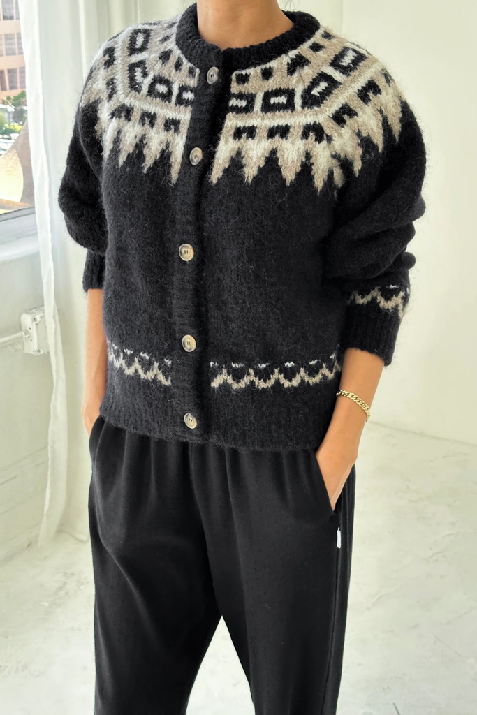 Le Bon Shoppe Alpaca Cabin Fair Isle Sweater Cardigan in Black at Parc Shop