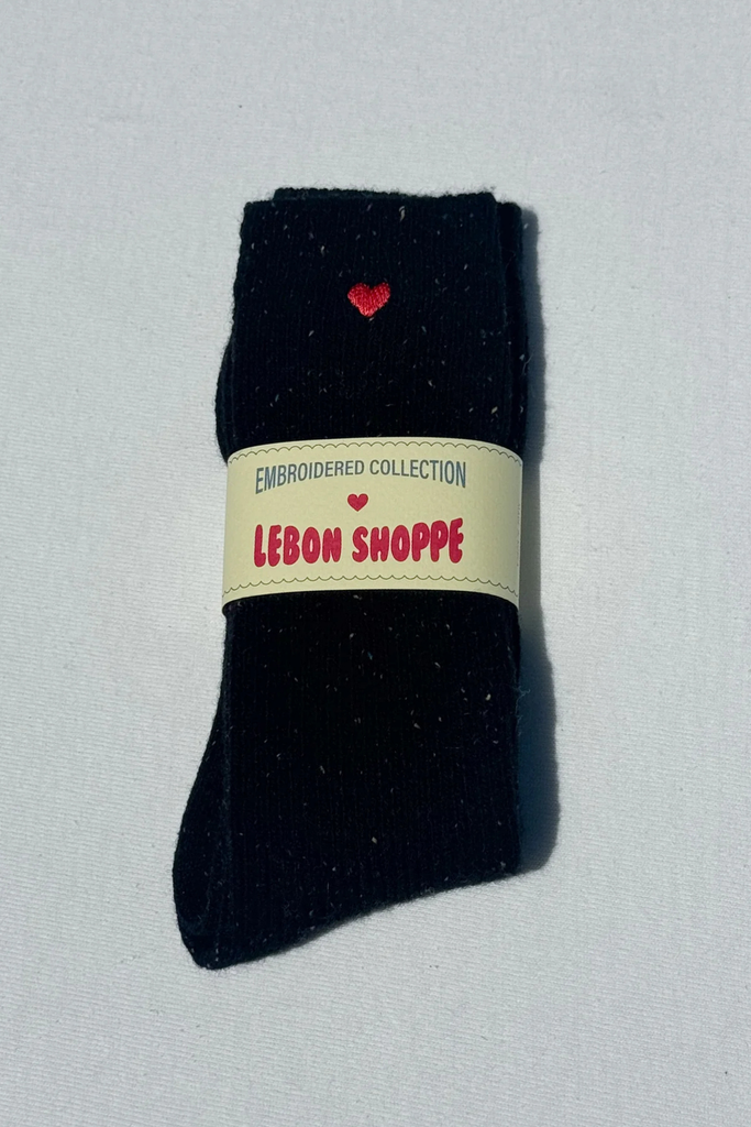 Le Bon Shoppe Embroidered Snow Socks in Black + Heart at Parc Shop