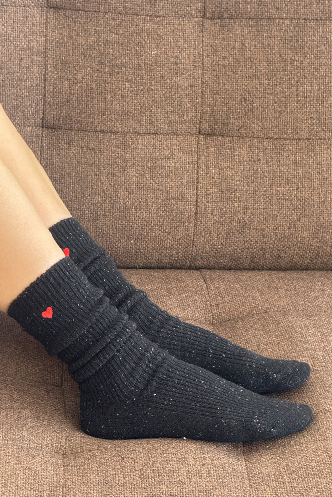 Le Bon Shoppe Embroidered Snow Socks in Black + Heart at Parc Shop