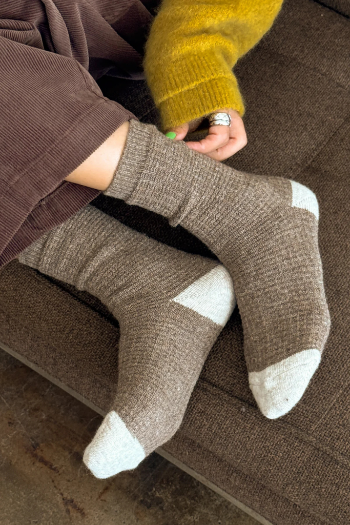 Le Bon Shoppe Warm Cozy Wool Waffled Socks in Brown and Oatmeal at Parc Shop