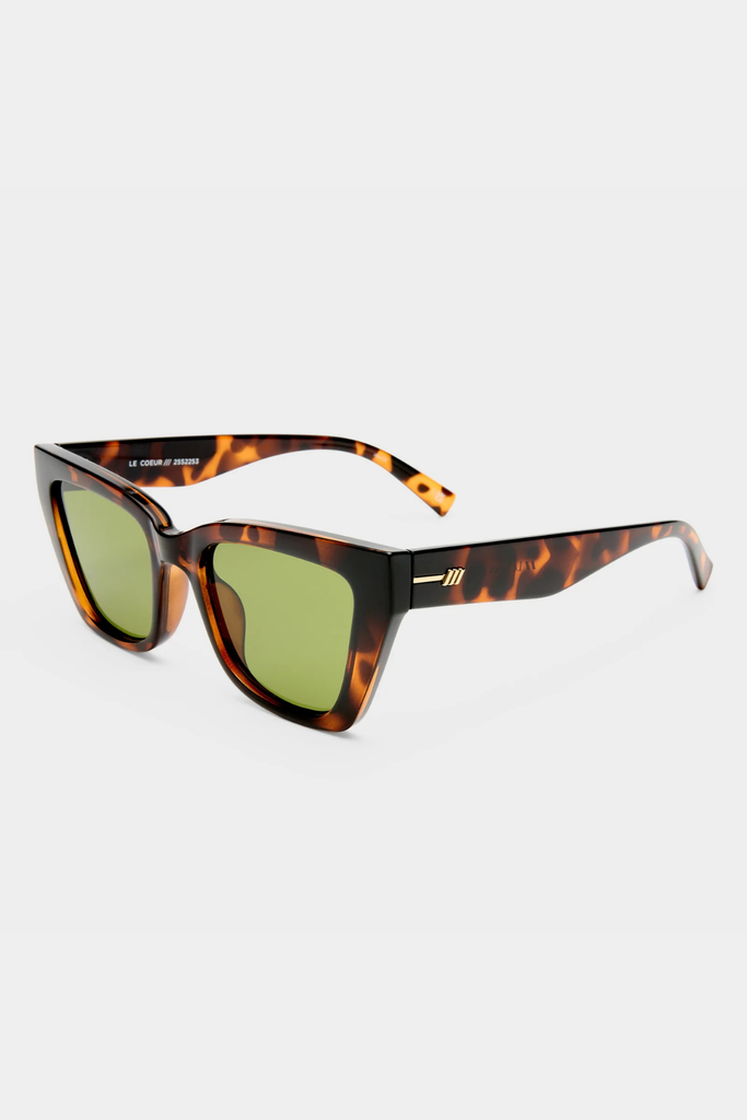 Sunglasses with tortoiseshell frame and green lenses on a white background