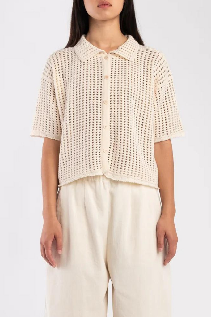 Micaela Greg Open Knit Polo in Cream at Parc Shop
