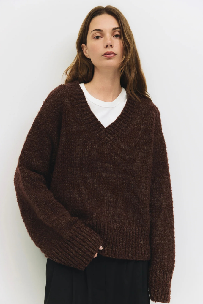 Mod Ref Glen Sweater V-Neck Boucle Sweater in Brown at Parc Shop