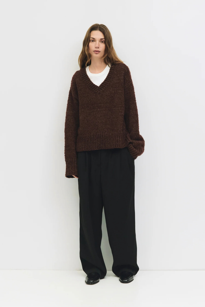 Mod Ref Glen Sweater V-Neck Boucle Sweater in Brown at Parc Shop